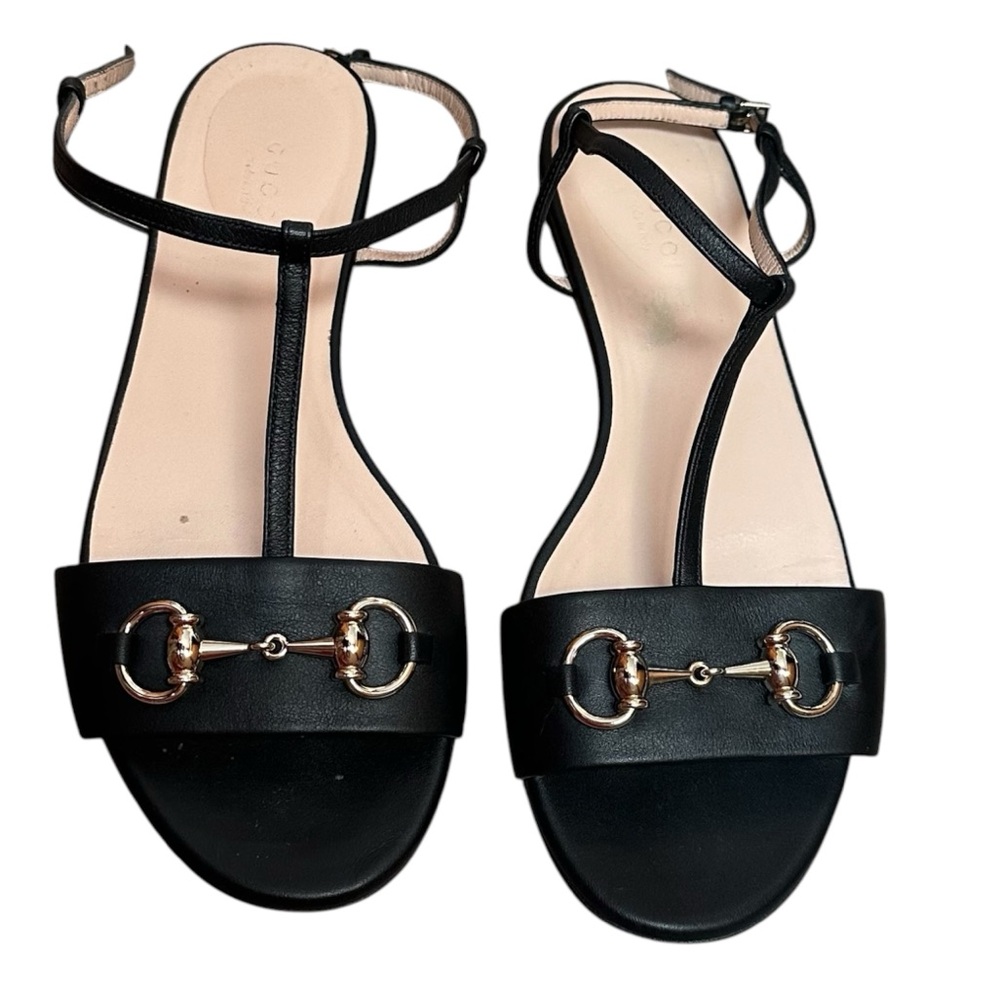 Gucci Black Leather Horsebit T-Strap Flat Sandals Size 37.5